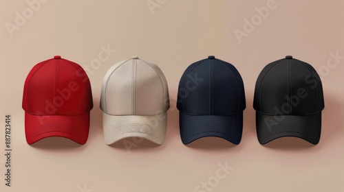 Baseball Caps in Four Colors on Plain Background photo