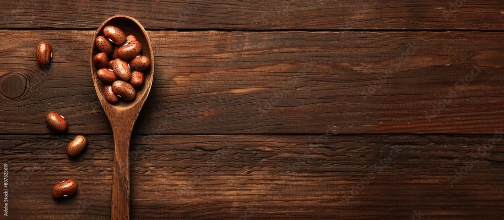 Fototapeta premium Copy space image featuring a wooden table with a spoon holding brown beans