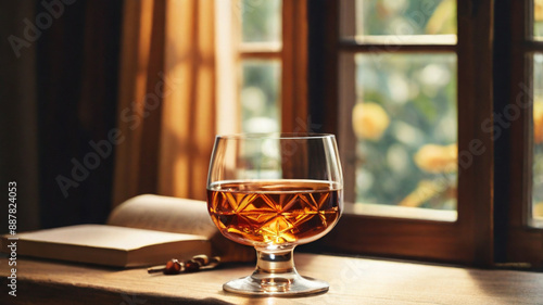 Glass of alcohol drink, whiskey, cognac, bourbon, brandy or similar type of liquor on wooden table.