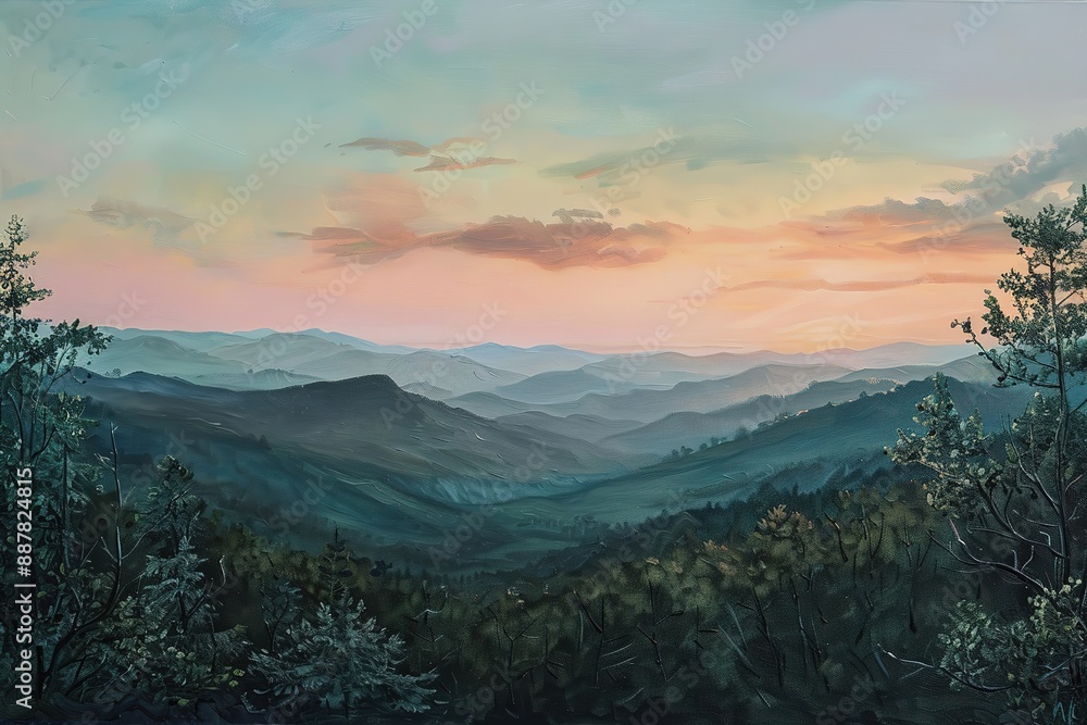 Obraz premium Beautiful field of tulips growing on the slope, mountains and sky illustration. Abstract field illustration. landscape spring vector background. Netherlands nature. Cover template. Poster