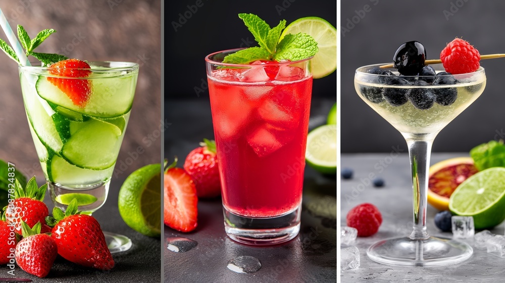 Three different cocktails with garnishes on the side. The first one is a green cucumber drink, the second one is a strawberry drink, and the third one is a blueberry drink Three different cocktails with garnishes on the side. The first one is a green cucumber drink, the second one is a strawberry drink, and the third one is a blueberry drink