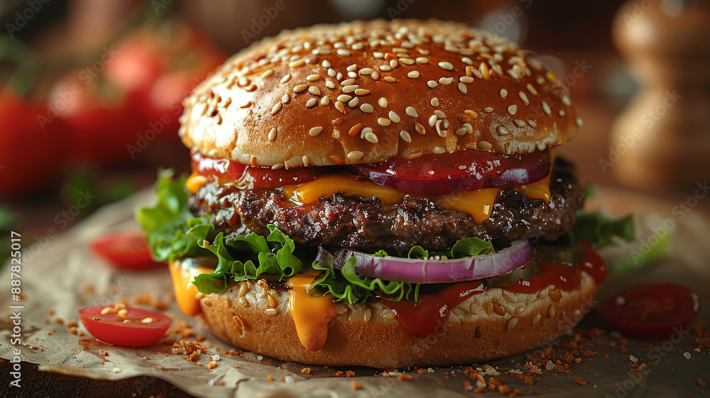 Appetizing hamburger with golden bun with cooked beef patty, close-up Appetizing hamburger with golden bun with cooked beef patty, close-up