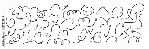 Spiral arrow doodle, wavy twist minimal squiggly line set. Curve comic turn way direction. Playful quirky simple free hand elements. 