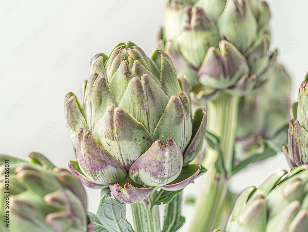 Fresh artichokes in a cluster on a white background, showcasing their vibrant green and purple hues. Fresh artichokes in a cluster on a white background, showcasing their vibrant green and purple hues.