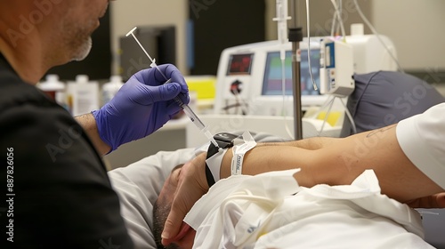 A patient receiving an intravenous pyelogram to diagnose urological conditions photo