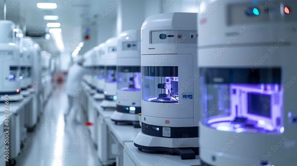 A row of robotic machines used in a modern medical laboratory. The machines are white with clear panels, and they are all turned on. A row of robotic machines used in a modern medical laboratory. The machines are white with clear panels, and they are all turned on.