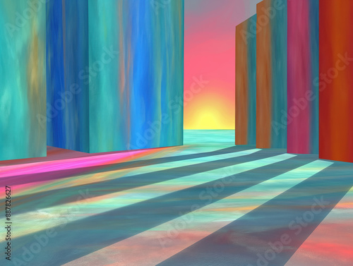 Abstract Sunset in Geometric Urban Landscape with Colorful Shadows and Modern Art Architecture

