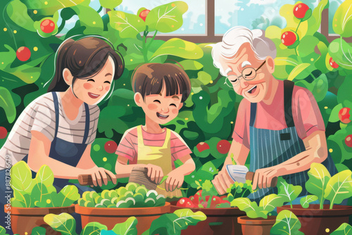 Wallpaper Mural Happy family composed by a senior man, a woman and a child, gardening together in a greenhouse, taking care of tomato plants and smiling Torontodigital.ca