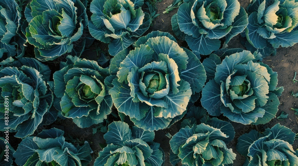 Obraz premium Cabbage on farm seen from above at sunrise