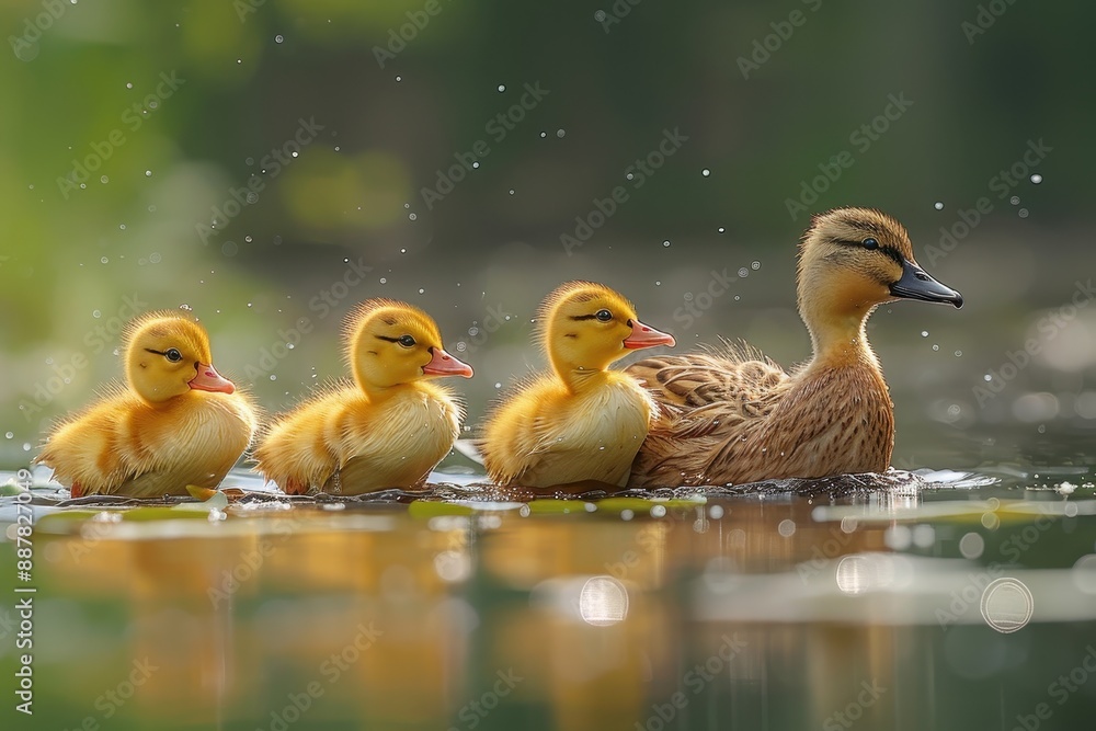 Five yellow ducklings waddling in a straight line on the edge of a pond, following their mother. The water is calm with lily pads floating on the surface Five yellow ducklings waddling in a straight line on the edge of a pond, following their mother. The water is calm with lily pads floating on the surface