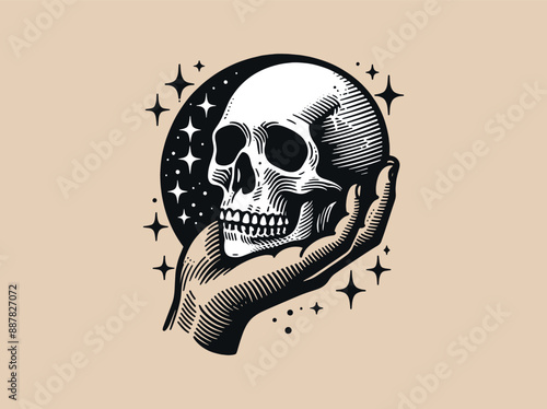 Skull in hand. Night starry sky.  Isoteric, occult, magical vector illustration. vintage black engraving, emblem, logo. tattoo sketch, print	