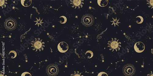 Trendy celestial seamless pattern, spiritual background hand drawn, stars, moon, space, great for textiles, wallpapers, surfaces - vector design