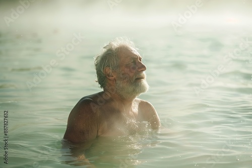 An Elderly Man Relaxing in a Calm Lake © Mosy Studio