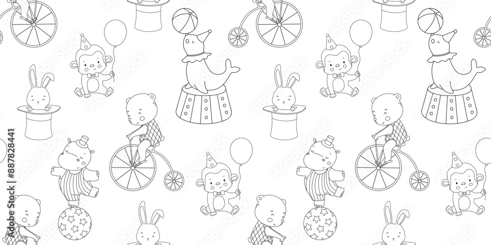 Seamless pattern with cute circus seal, bear and bunny. Childish hand drawn monochrome line background. Seamless pattern with cute circus seal, bear and bunny. Childish hand drawn monochrome line background.