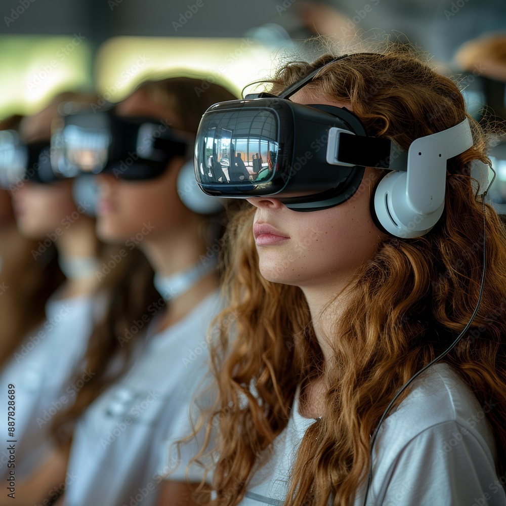 A group of students wearing VR headsets. Generative AI A group of students wearing VR headsets. Generative AI