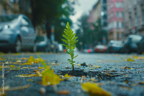 in a big city, one small green plant grew on the asphalt against the background of houses and cars photo