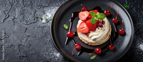 Plate with pancakes topped ...