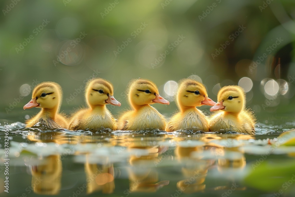 Five yellow ducklings waddling in a straight line on the edge of a pond, following their mother. The water is calm with lily pads floating on the surface Five yellow ducklings waddling in a straight line on the edge of a pond, following their mother. The water is calm with lily pads floating on the surface