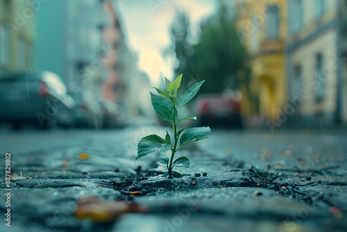 in a big city, one small green plant grew on the asphalt against the background of houses and cars photo