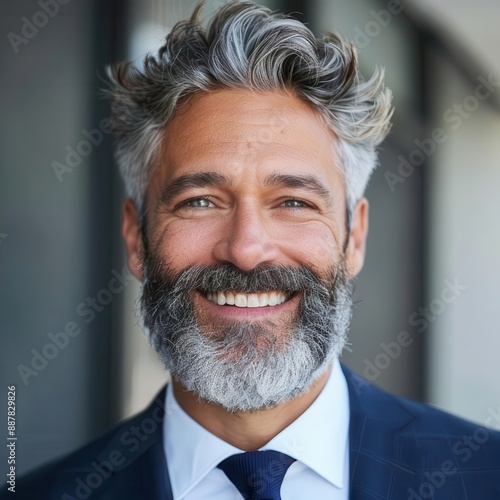 charismatic mature businessman with saltandpepper hair and beard confident smile crisp suit natural lighting professional headshot