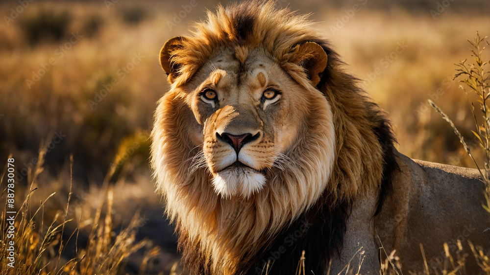 Majestic male lion with a full, golden mane staring intently amid the dry, grassy savannah landscape. Majestic male lion with a full, golden mane staring intently amid the dry, grassy savannah landscape.