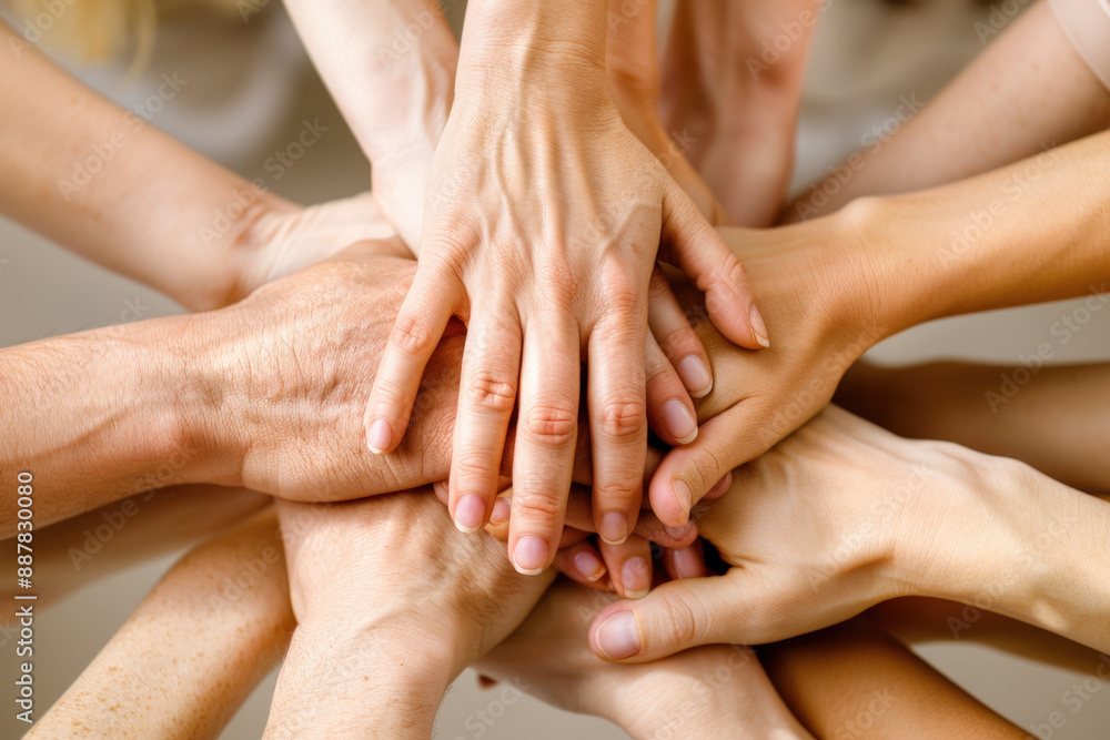 Team of people are joining hands together, showing their unity and support for each other Team of people are joining hands together, showing their unity and support for each other