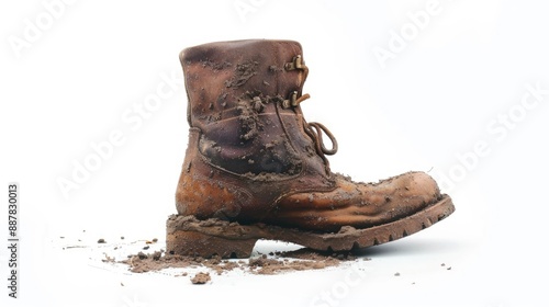 Muddy farmer boot on white background photo