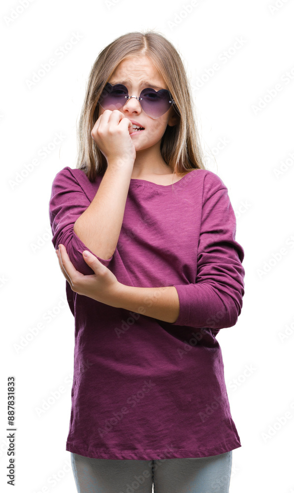 Young beautiful girl wearing sunglasses over isolated background looking stressed and nervous with hands on mouth biting nails. Anxiety problem. Young beautiful girl wearing sunglasses over isolated background looking stressed and nervous with hands on mouth biting nails. Anxiety problem.