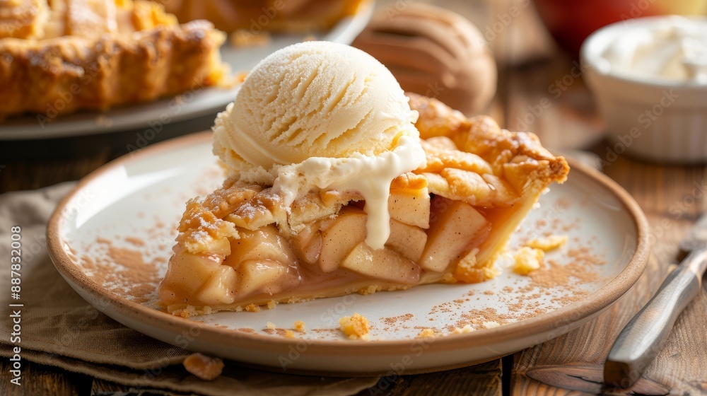 Close up of apple pie with vanilla ice cream. Close up of apple pie with vanilla ice cream.
