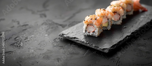 Traditional Japanese sushi rolls featuring succulent shrimp and creamy Philadelphia cheese elegantly presented on a black stone plate with copy space image photo