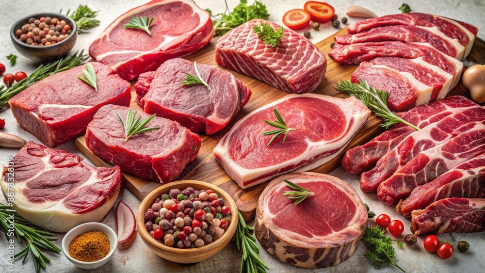 Fototapeta premium A precise and visually appealing illustration of assorted fresh beef and pork cuts, skillfully arranged on a clean background.