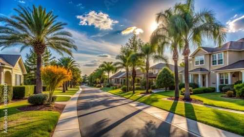 Fototapeta Naklejka Na Ścianę i Meble -  Serene suburban neighborhood scene in Lake Nona Florida with empty sidewalk and quiet residential street lined with palm trees.