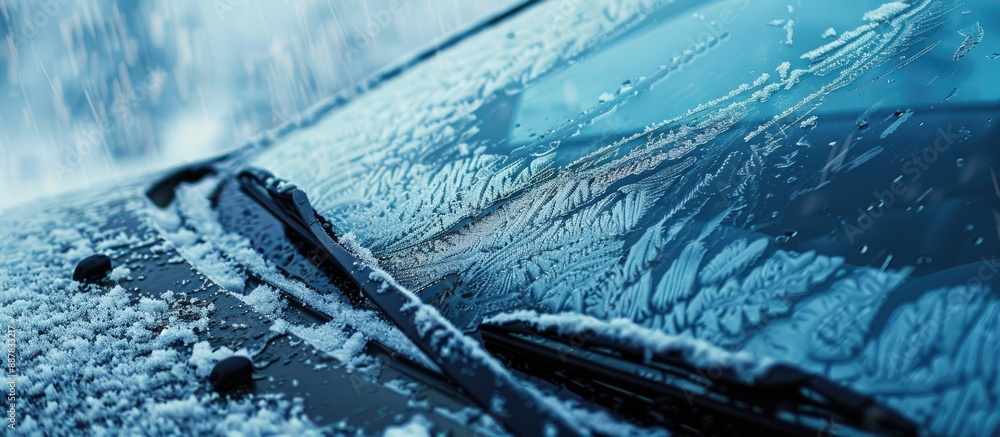Close up view of snowy windshield on a car in winter with ample copy space image included