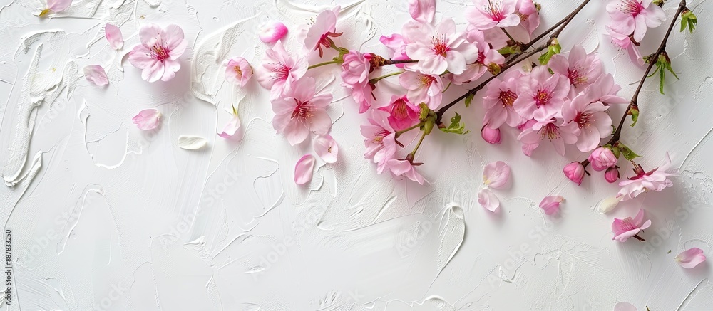 A floral arrangement with spring cherry blossoms set against a white backdrop creates a lovely copy space image A floral arrangement with spring cherry blossoms set against a white backdrop creates a lovely copy space image