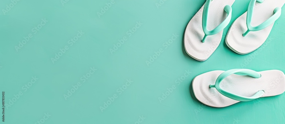 Summer style flip flops displayed on a fresh mint green backdrop with ample copy space image Summer style flip flops displayed on a fresh mint green backdrop with ample copy space image