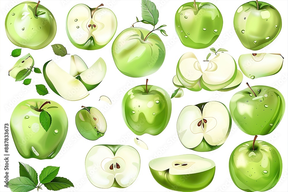 Green apples with leaves isolated on white background. Package design element with clipping path
Green apples with leaves isolated on white background. Package design element with clipping path