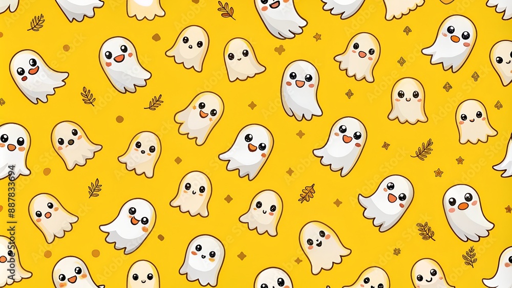 Halloween ghost seamless pattern background. Holidays cute ghost cartoon character. yellow background Halloween ghost seamless pattern background. Holidays cute ghost cartoon character. yellow background