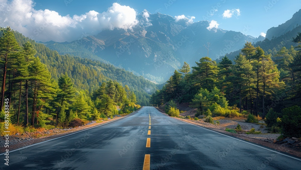 Fototapeta premium Asphalt Road Leading Through a Forest to Mountains