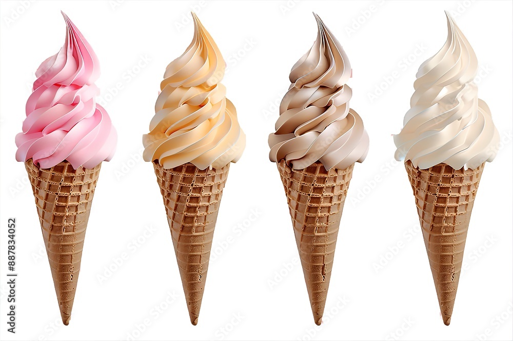 Set of different delicious soft serve ice creams in crispy cones on white background
Set of different delicious soft serve ice creams in crispy cones on white background