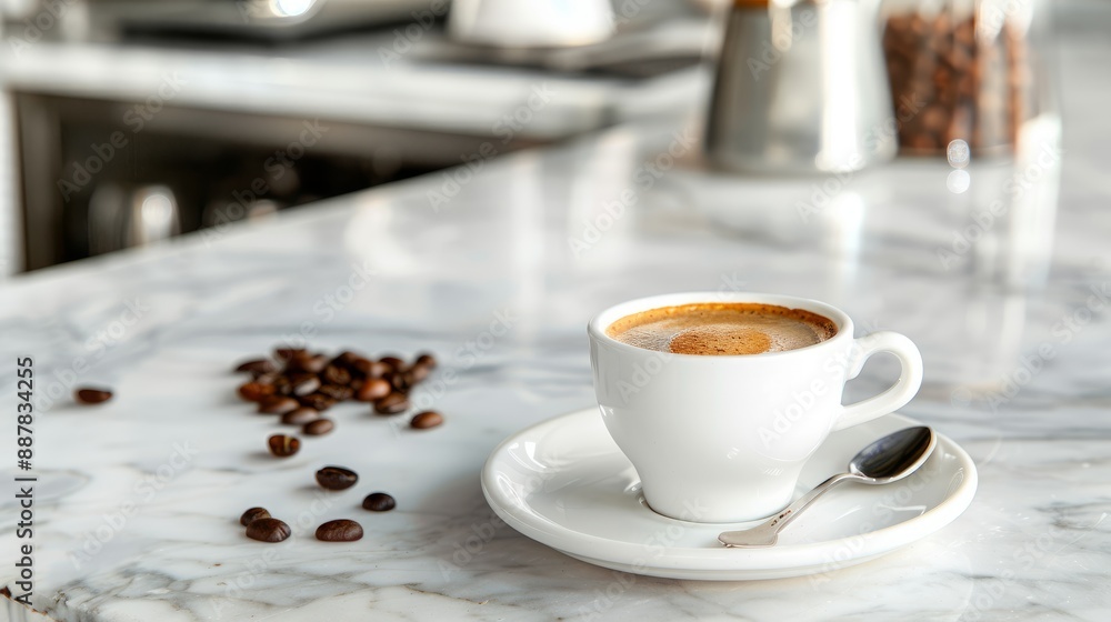Fototapeta premium A Cup of Espresso with Coffee Beans on a Marble Counter.