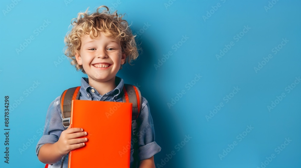 Happy Boy Holding an Orange Notebook with Backpack Happy Boy Holding an Orange Notebook with Backpack