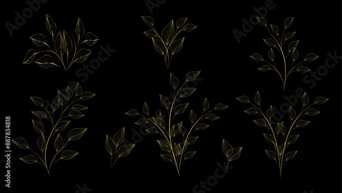 Set gold Luxury floral pattern, gold line chinese roses, peonies, elegant leaves isolated. Ornate vector illustration vintage engraving, modern minimalism, wedding design, romantic print, wallpaper.
