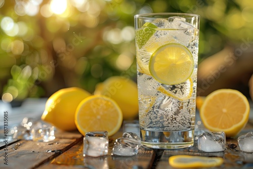 A glass of lemonade with ice cubes and a slice of lemon on top photo