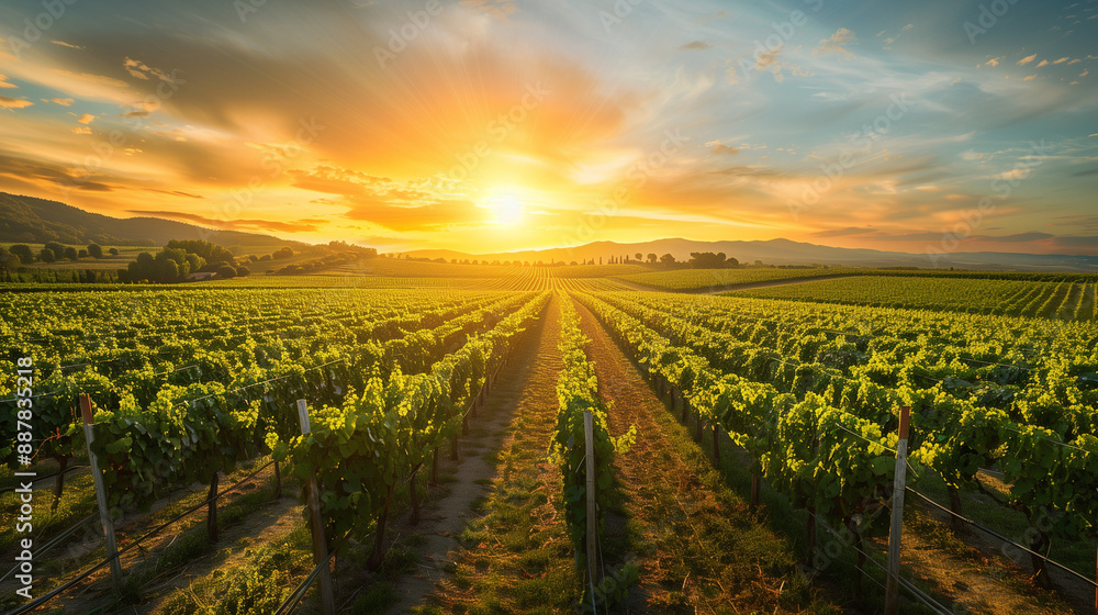 Fototapeta premium Expansive Vineyard Landscape at Sunrise, Capturing the Beauty of Wine Country with Rolling Hills and Vibrant Green Vines