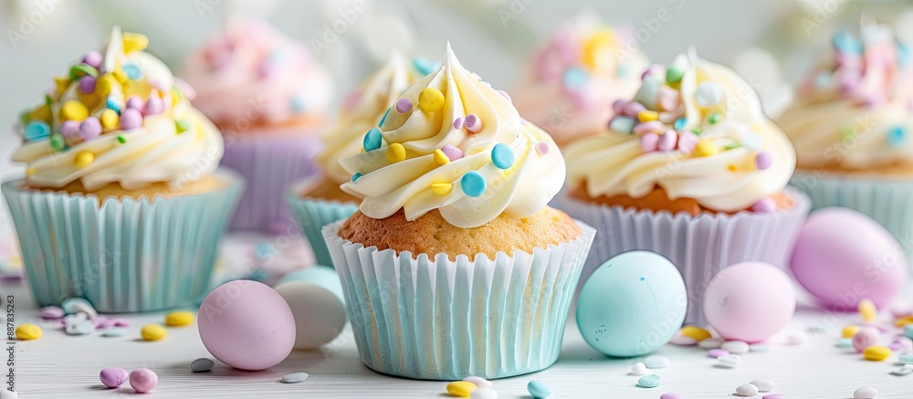 Easter themed cupcakes featured with selective focus on a horizontal white backdrop allowing space for additional image elements Easter themed cupcakes featured with selective focus on a horizontal white backdrop allowing space for additional image elements