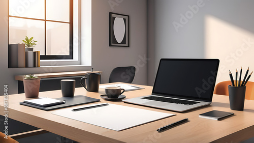 A sleek, minimalist office desk with a laptop, a cup of coffee, and some neatly arranged stationery, set against a contemporary office backdrop