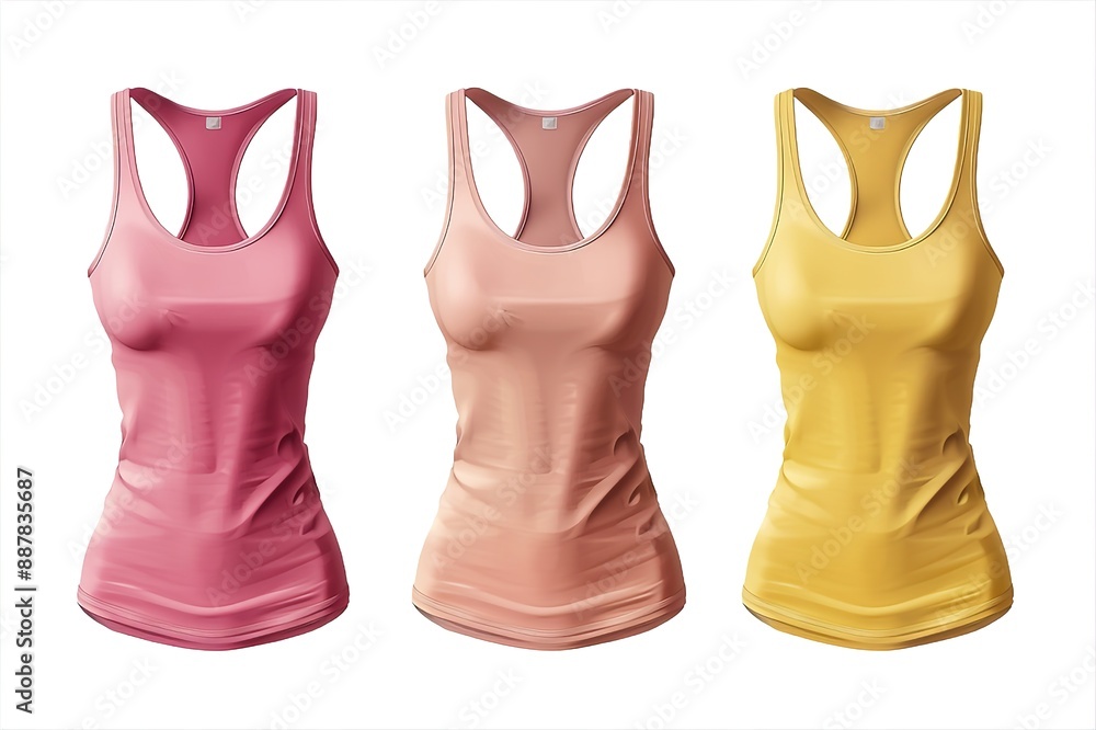 2 Set of pastel pink beige front, back and side view sleeveless tee t shirt tank singlet round neck on white background. Mockup template for artwork graphic design. 3D rendering
2 Set of pastel pink beige front, back and side view sleeveless tee t shirt tank singlet round neck on white background. Mockup template for artwork graphic design. 3D rendering