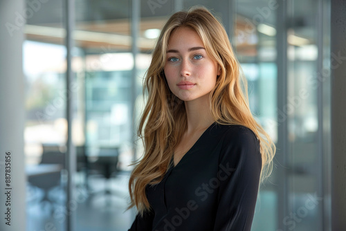 Free Download Confident young woman standing in a modern, glass-walled office space, epitomizing professionalism and contemporary work environments. - GFXLoad