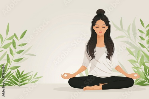 Woman Meditating with Indoor Plants Digital Art Calm and Serene Bright and Detailed