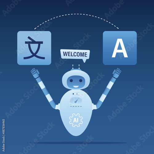 Chatbot translator. Online translates your messages into another language. Cartoon cute chat bot character. AI online support for translation documents and reading book technology